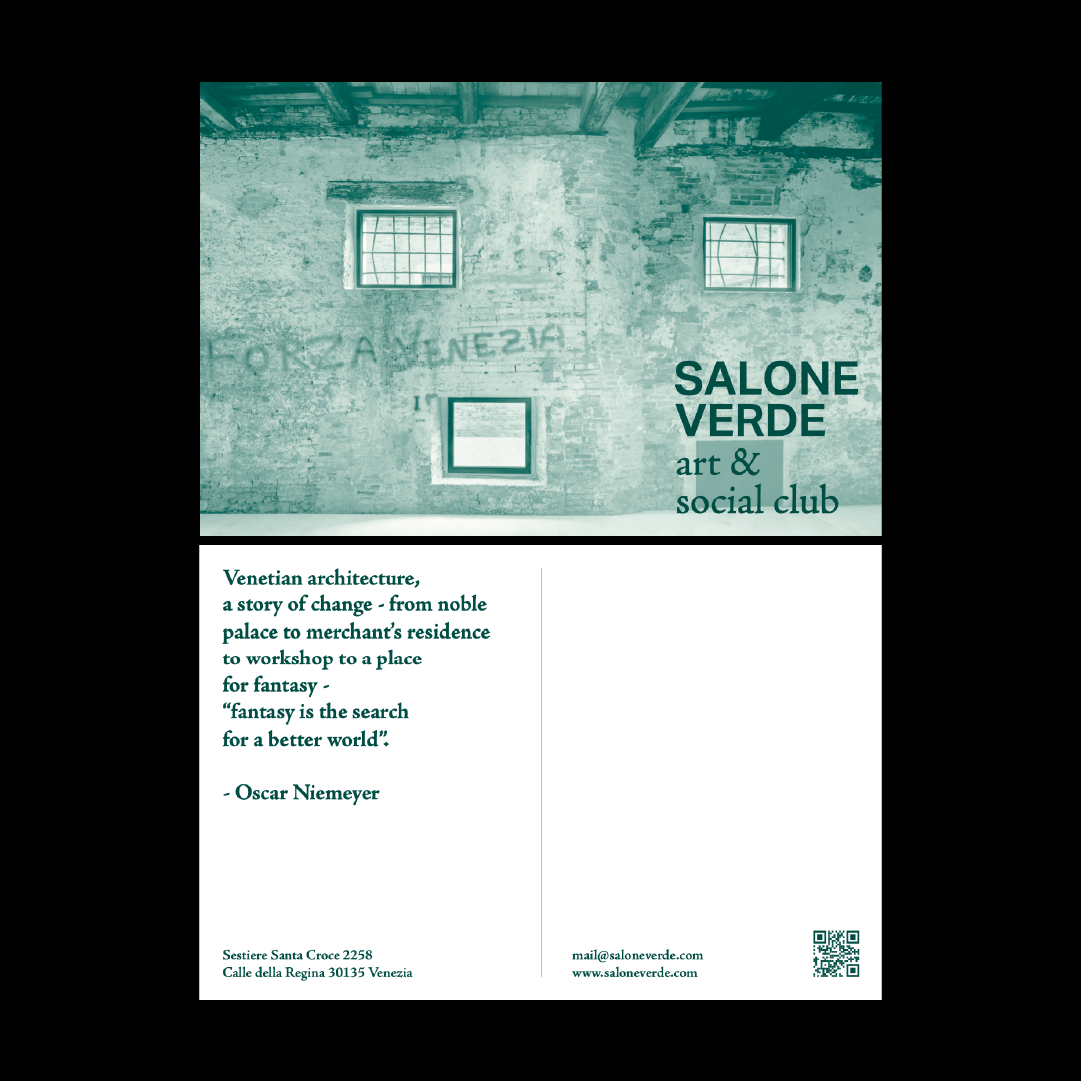 Il fronte e retro di una cartolina progettata per Salone Verde