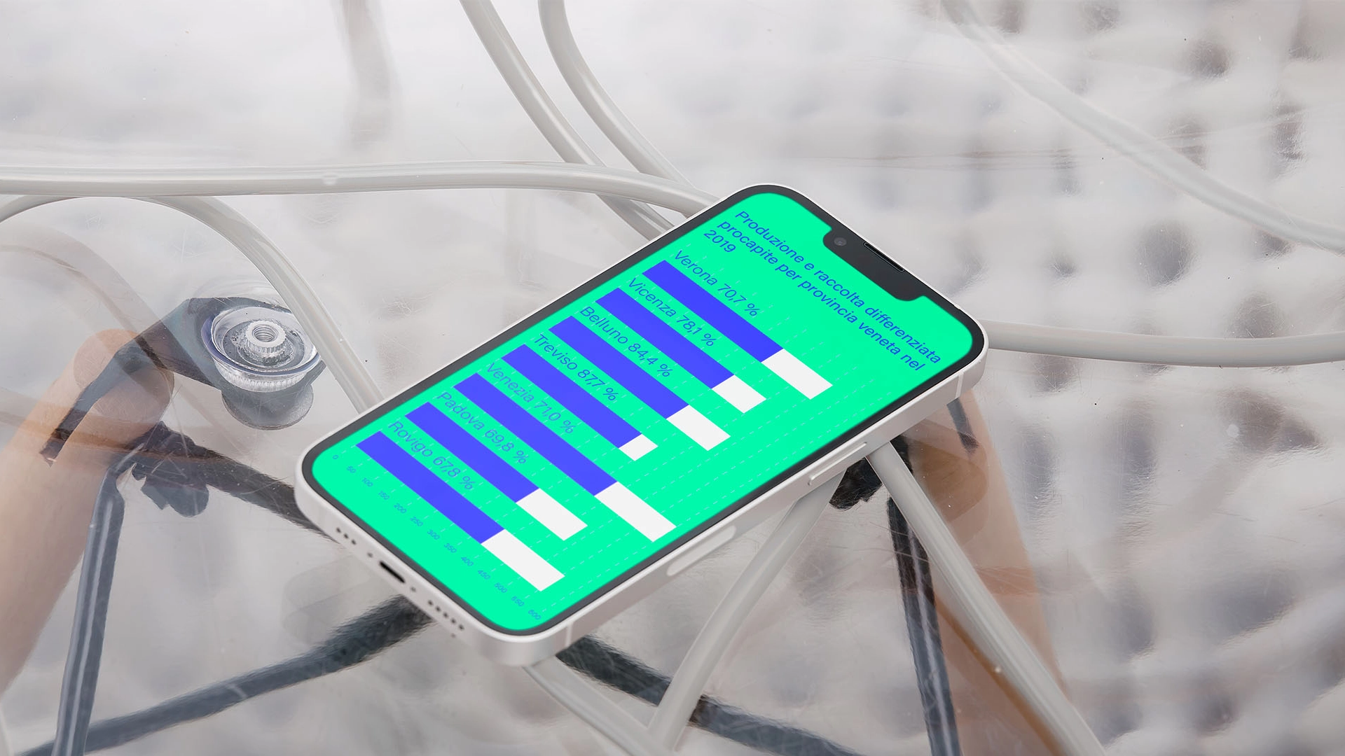 Un telefono sul sito web Urban Dataviz, visualizza un istogramma sugli sprechi alimentari
