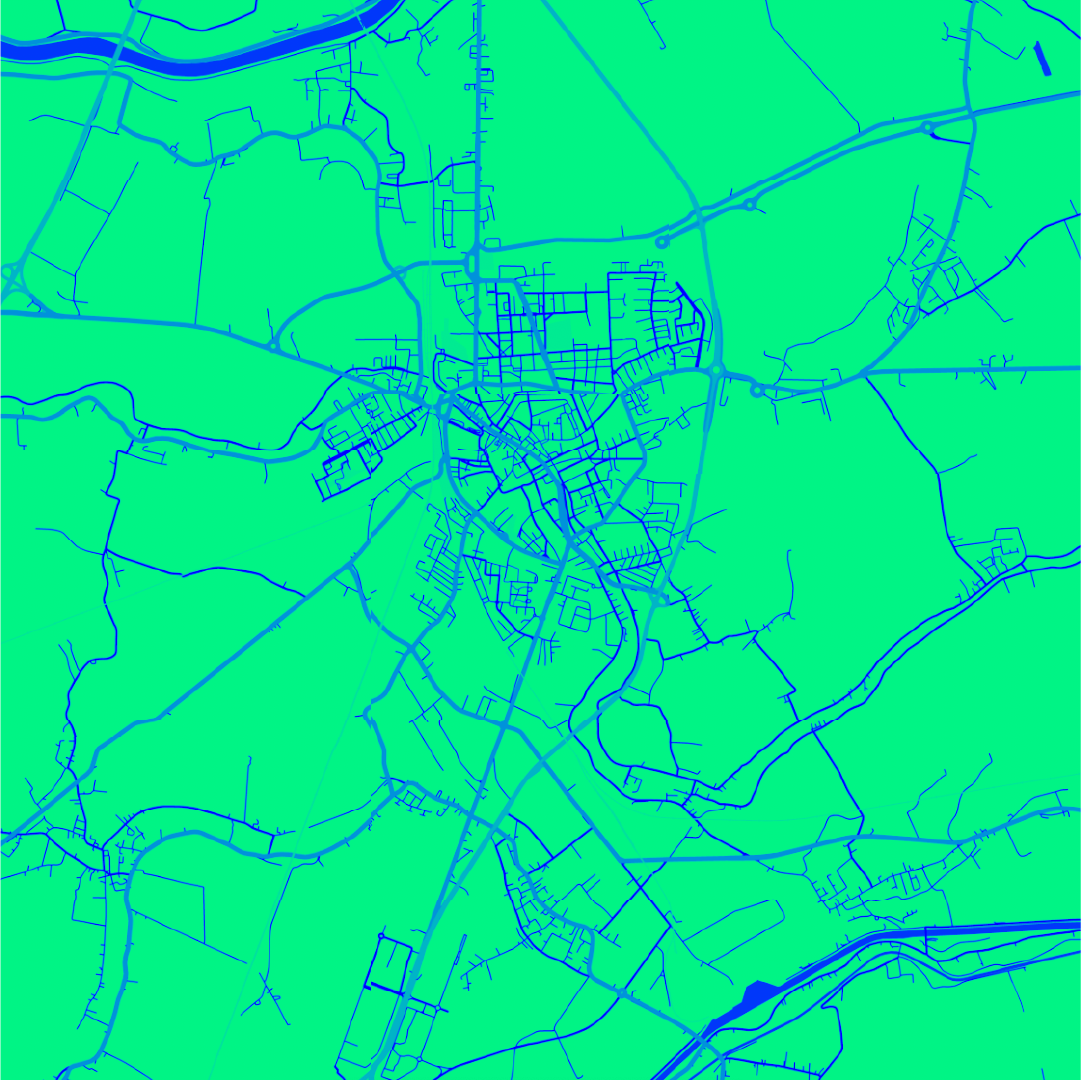 La mappa di un quartiere di Rovigo, virata in blu e verde, i colori del brand