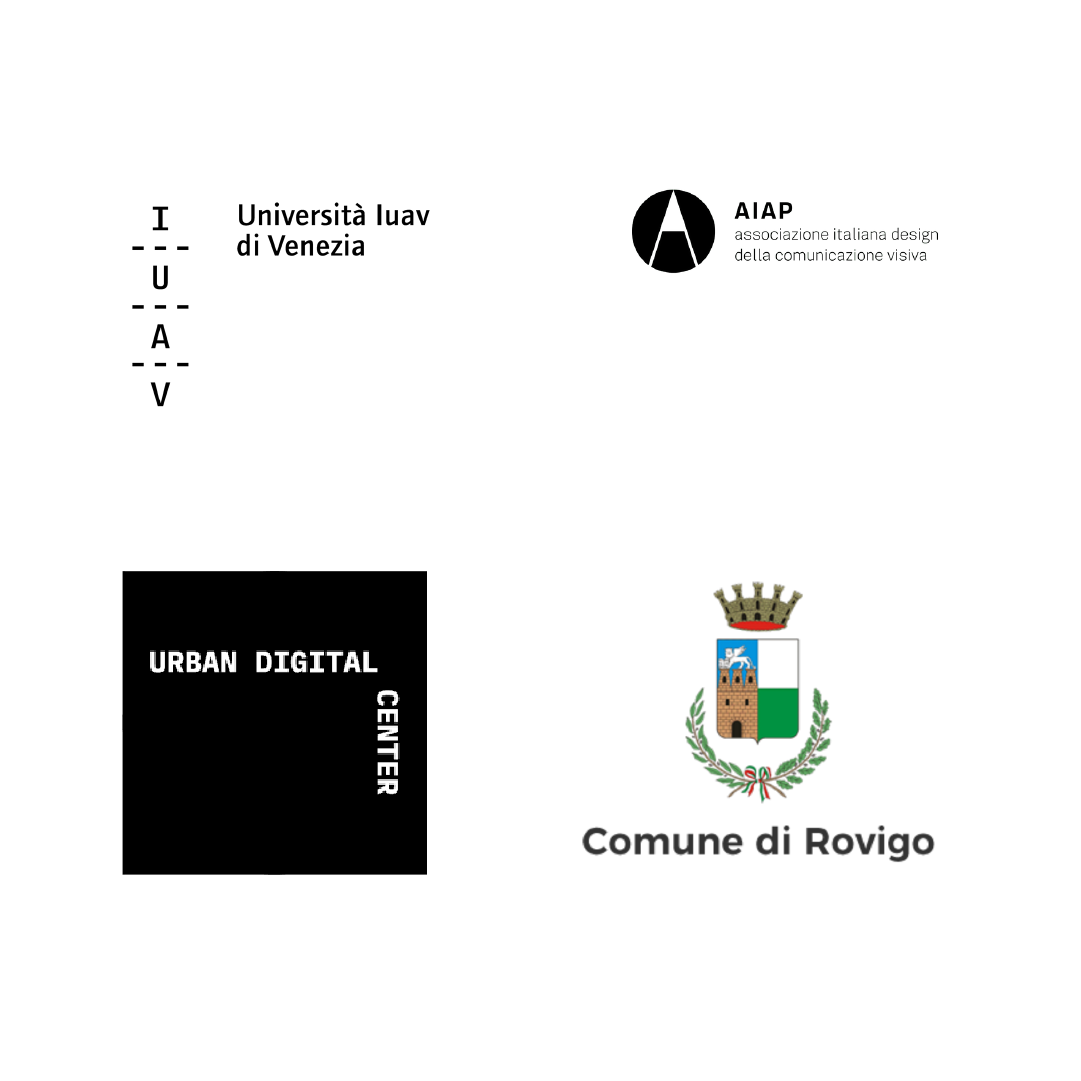 I quattro loghi dei partecipanti del progetto Urban Dataviz: IUAV, AIAP, Urban digital center ed il comune di Rovigo
