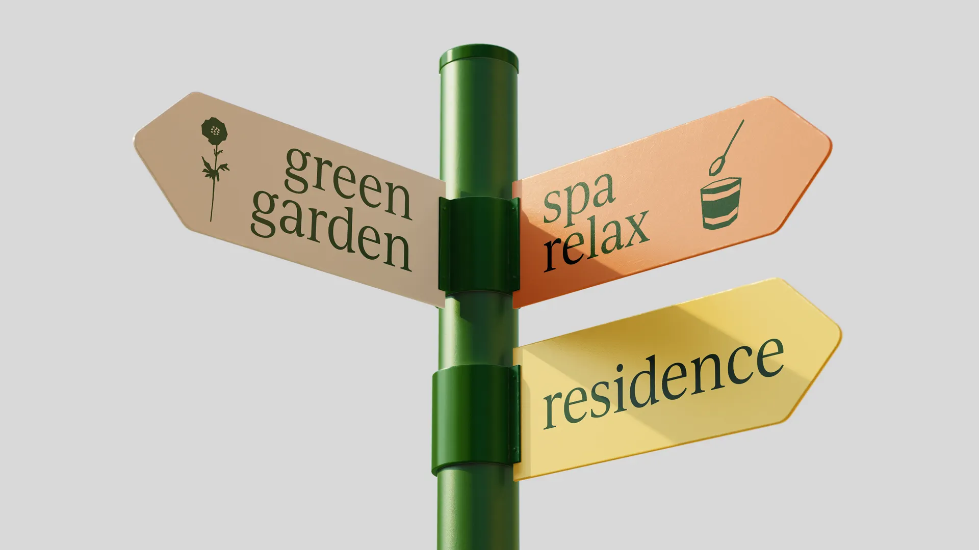 Un segnale a 3 vie di d'Oltralpe. Indica la direzione per il garden, la spa ed il residence