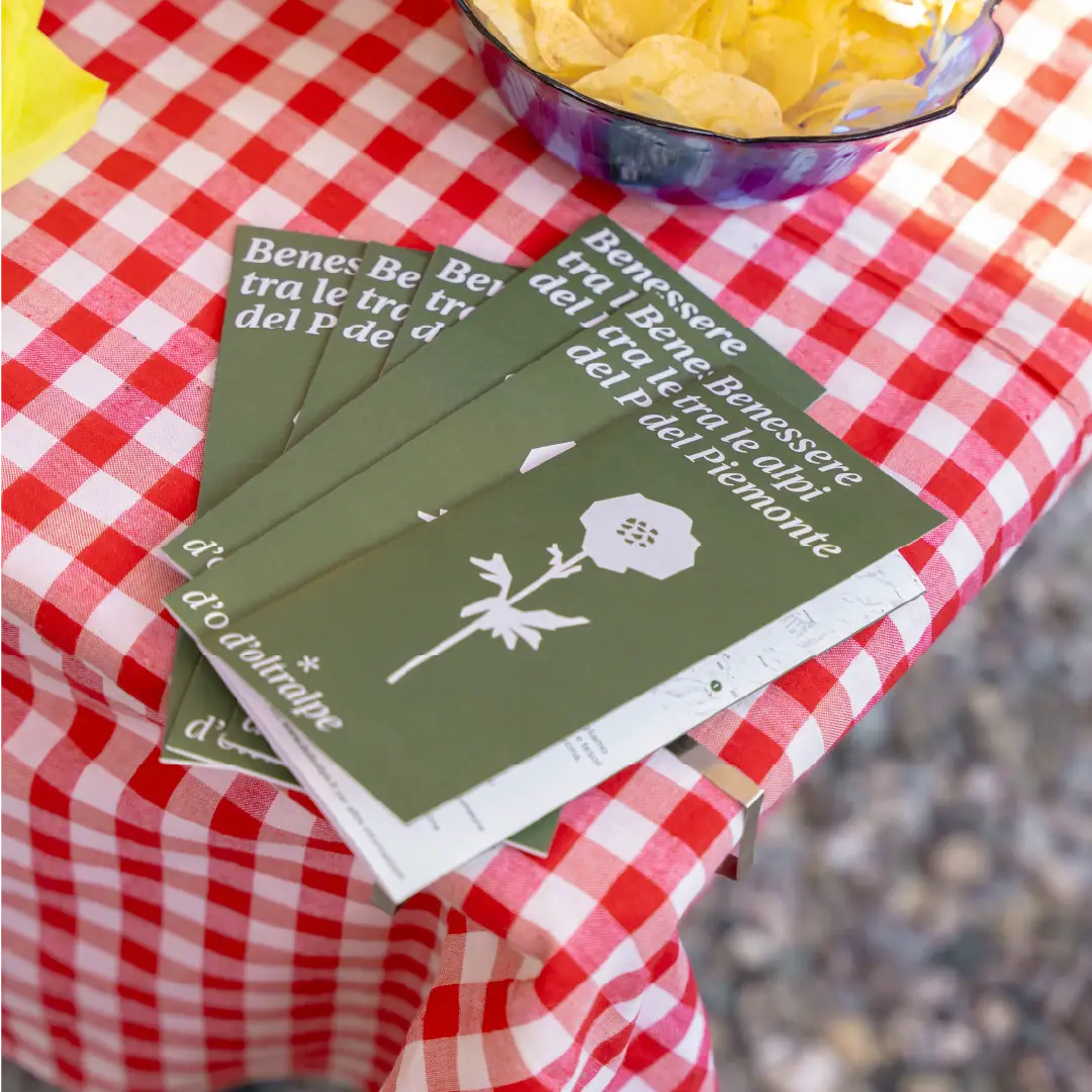 6 pieghevoli della cascina d'Oltralpe, appoggiati su un tavolo