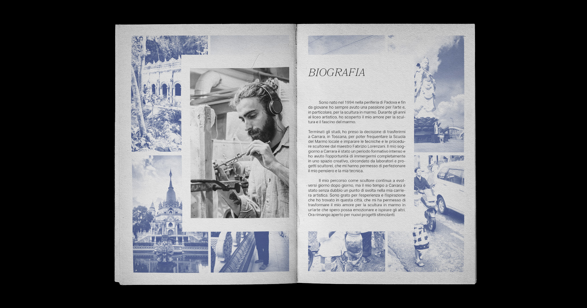 Una doppia pagina del portfolio di Gabriele Schiavo, che raffigura la fotografia dell'artista e la sua biografia