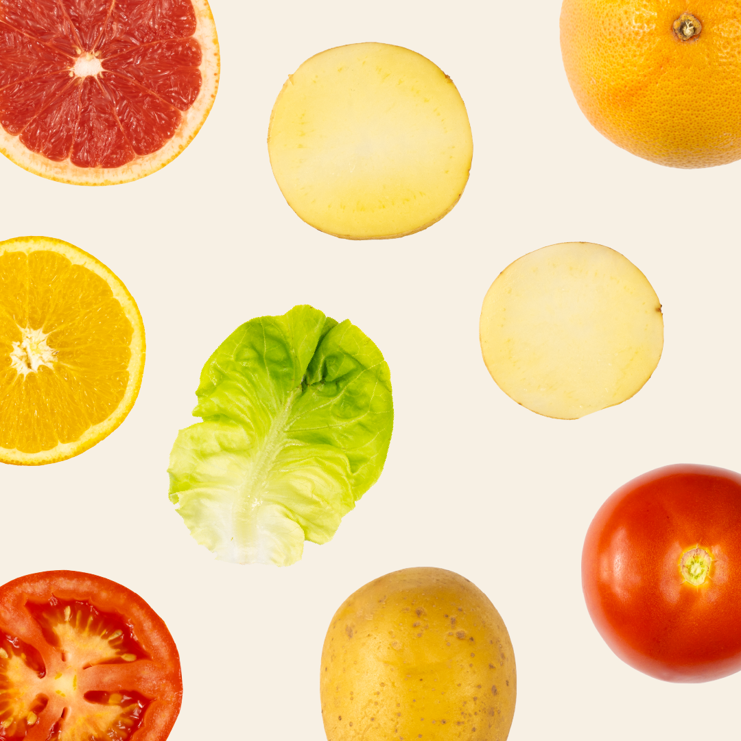 Frutta e verdura sezionata, utilizzate per il video Il mio orto bio
