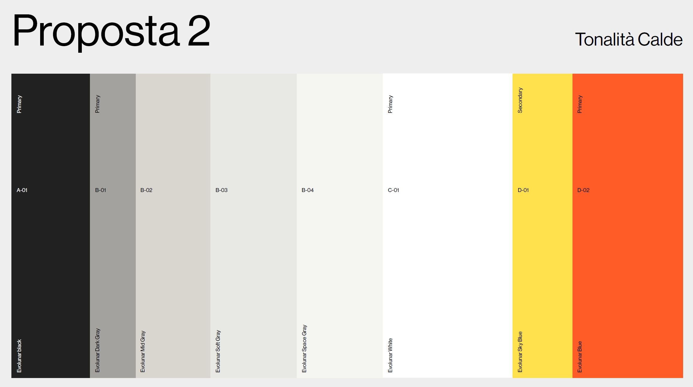 La palette cromatica proposta per Evolunar, su tonalità calde